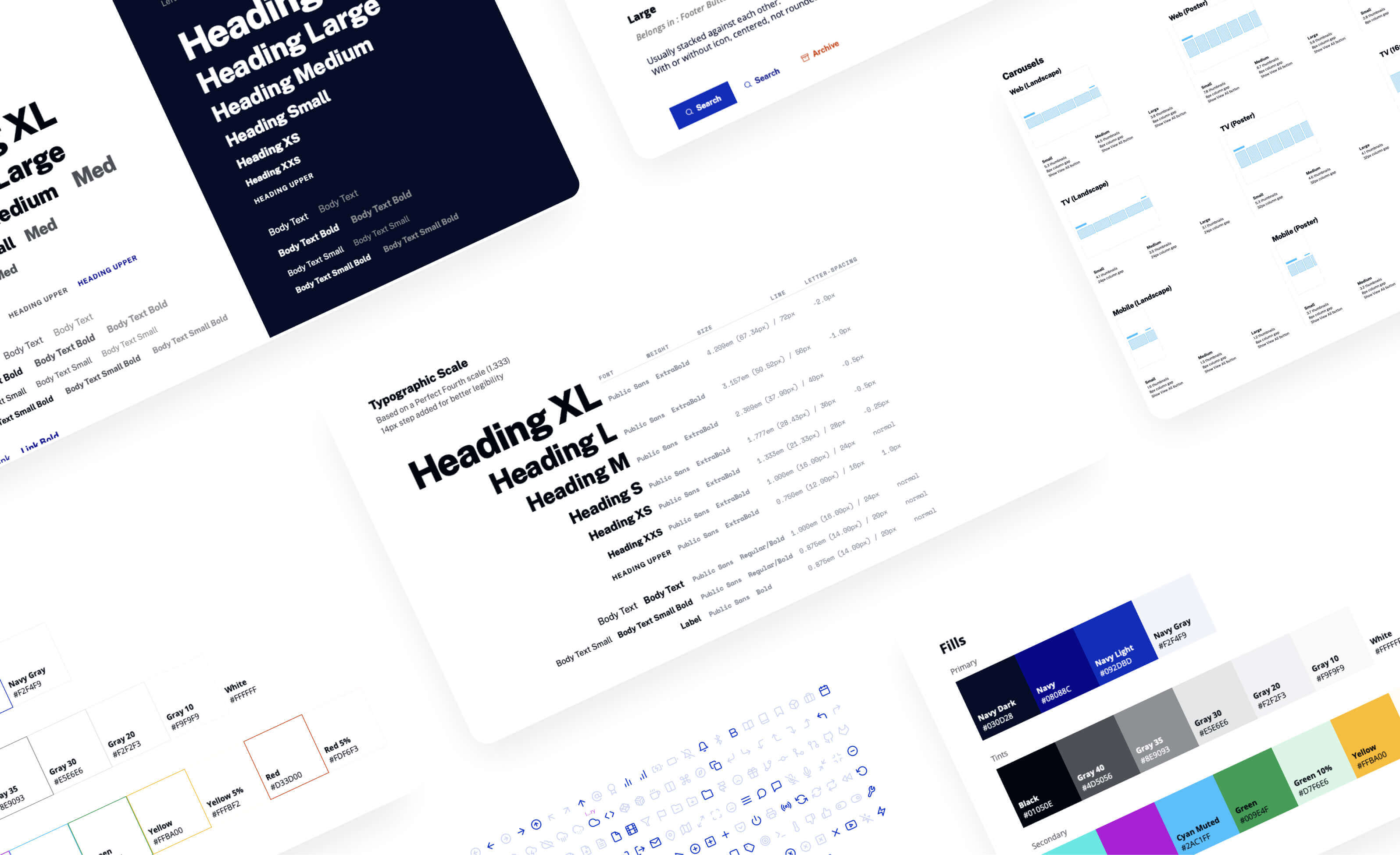 Angled grid of images displaying Brightcove's product design system — including colors, typography, UI components and iconography