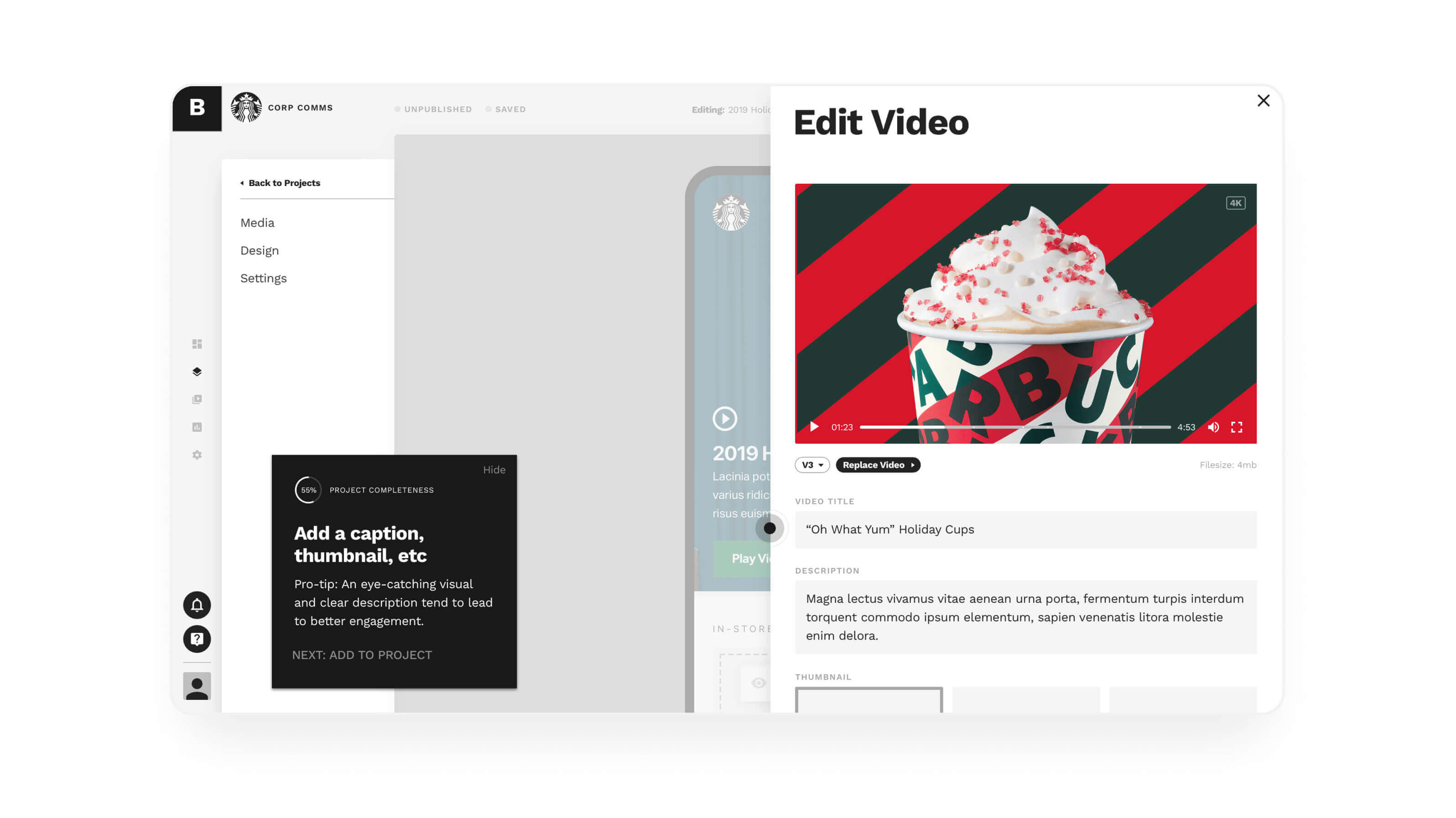 Wireframe view of a video editing modal that includes a preview and fields for video details