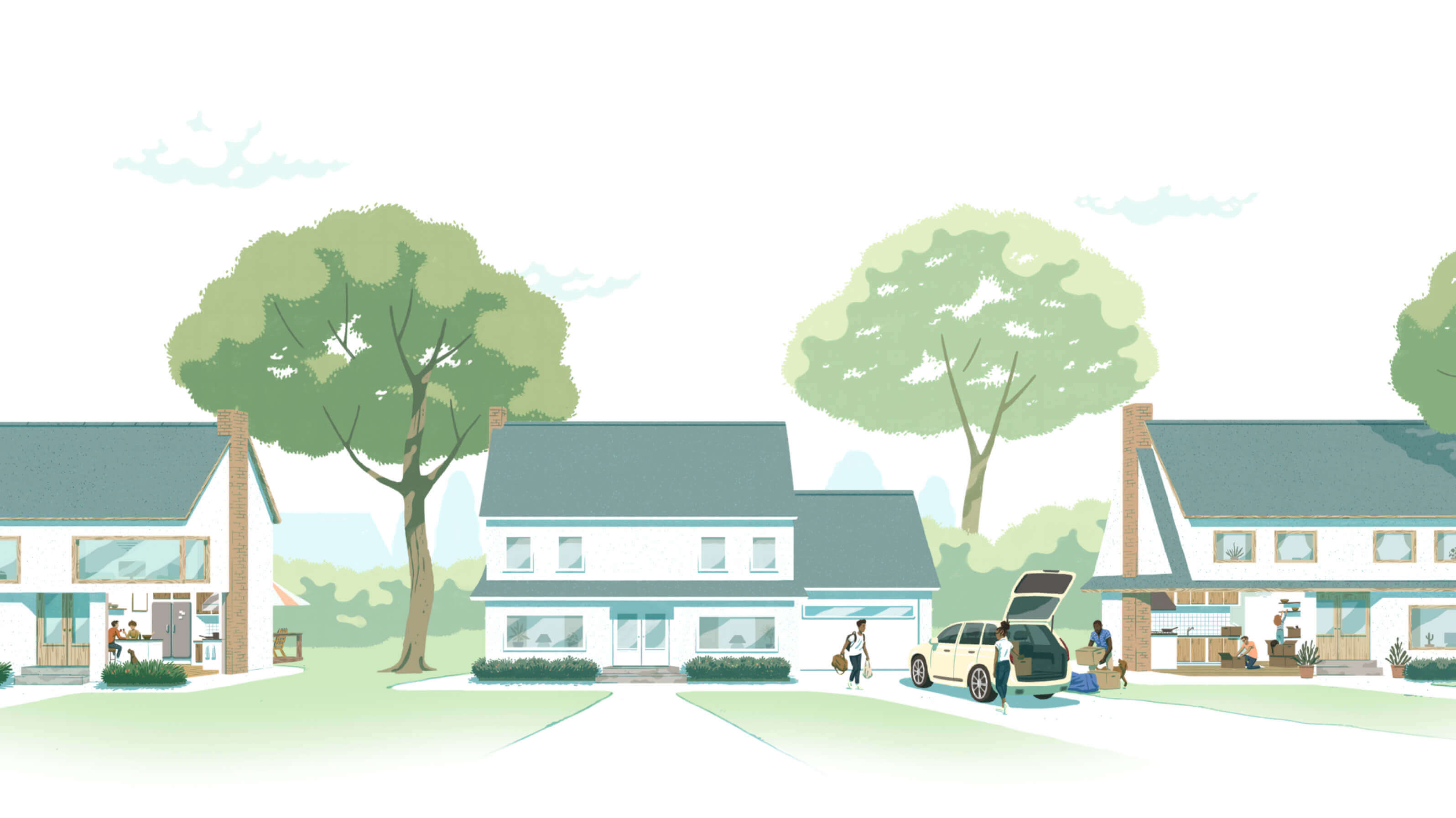 Illustration of homes and people in a suburban neighborhood