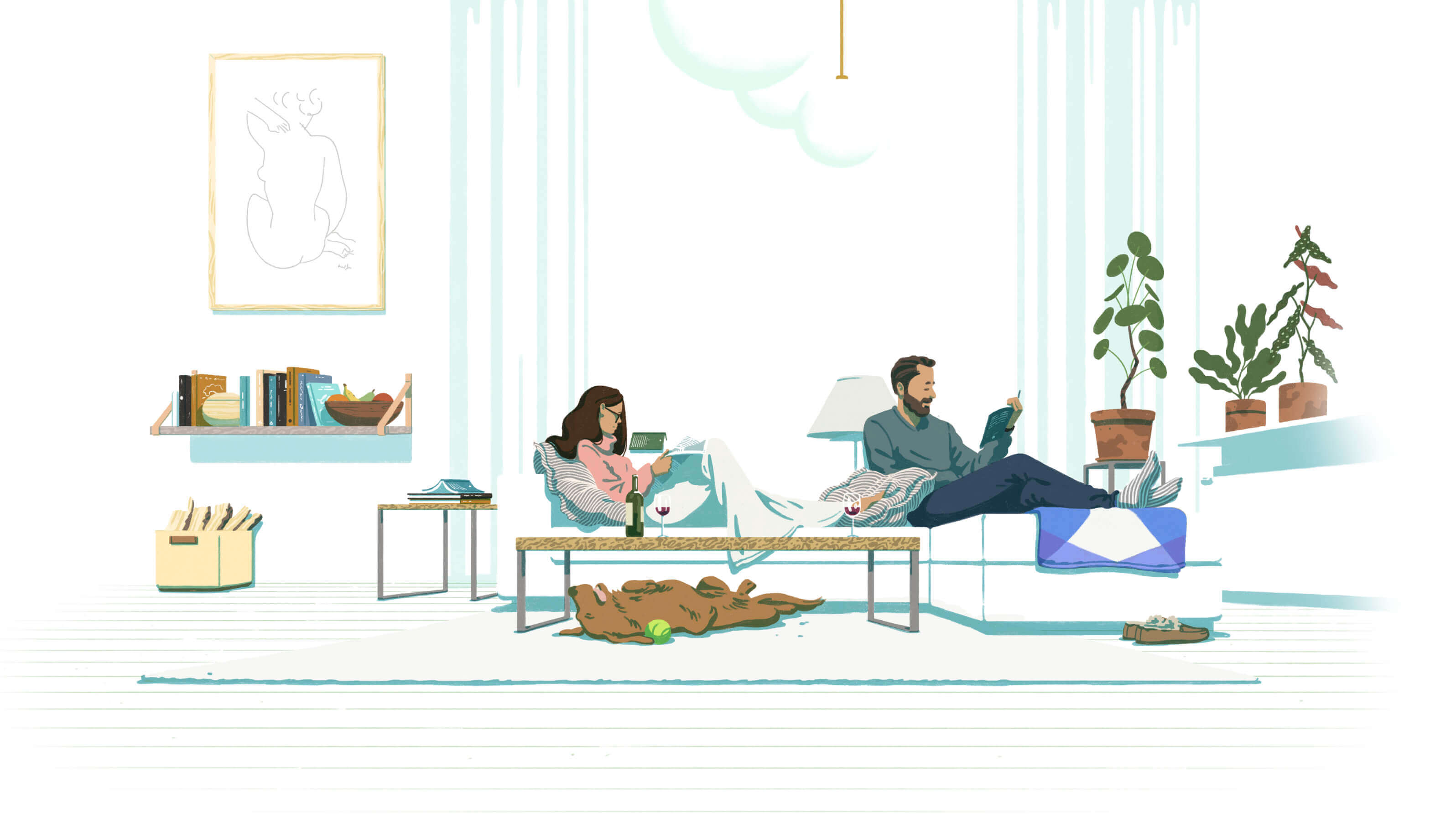 Illustration of a couple and dog relaxing in their home