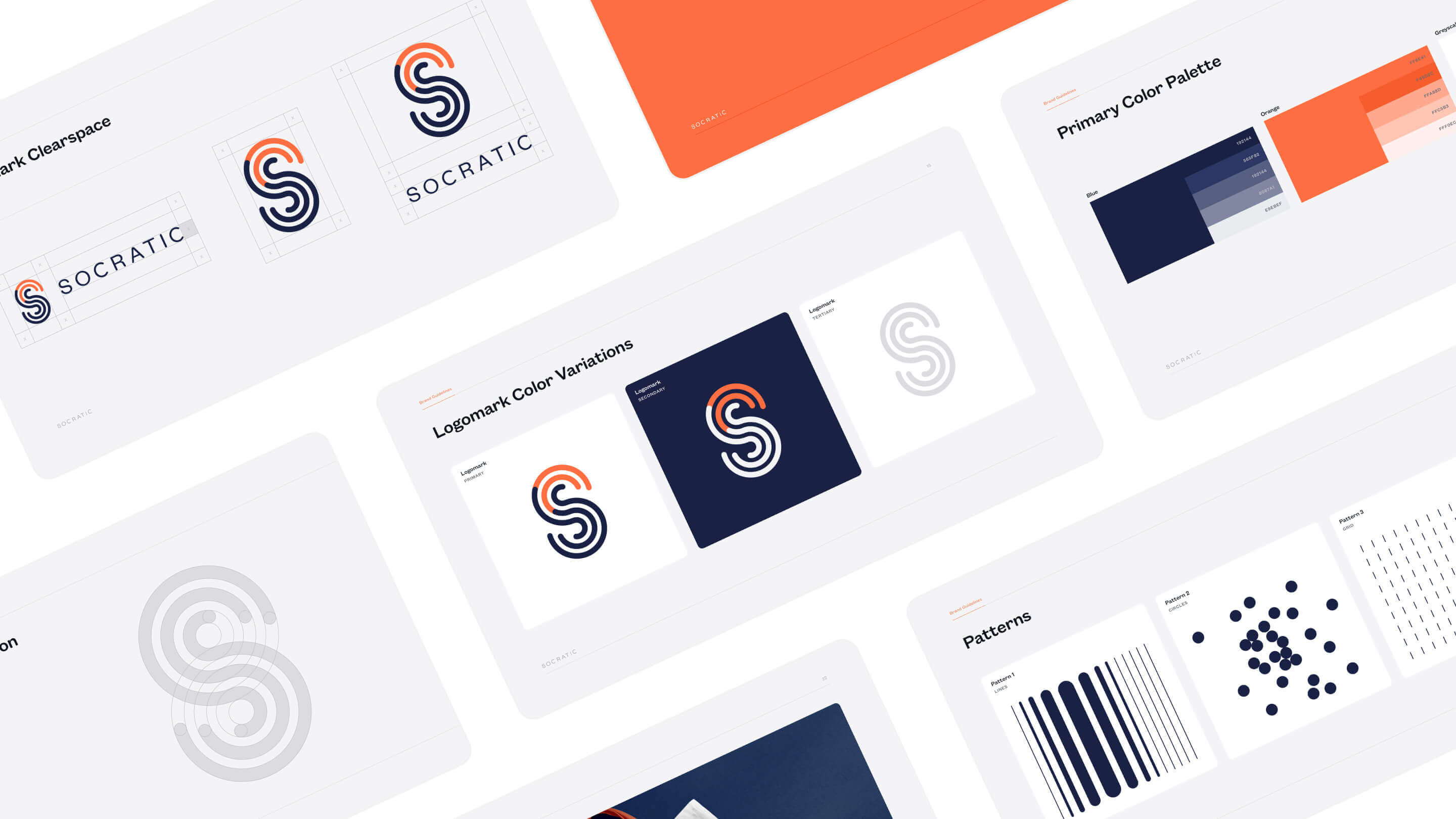Angled grid of images displaying Socratic's product design system — including colors, logos, and patterns
