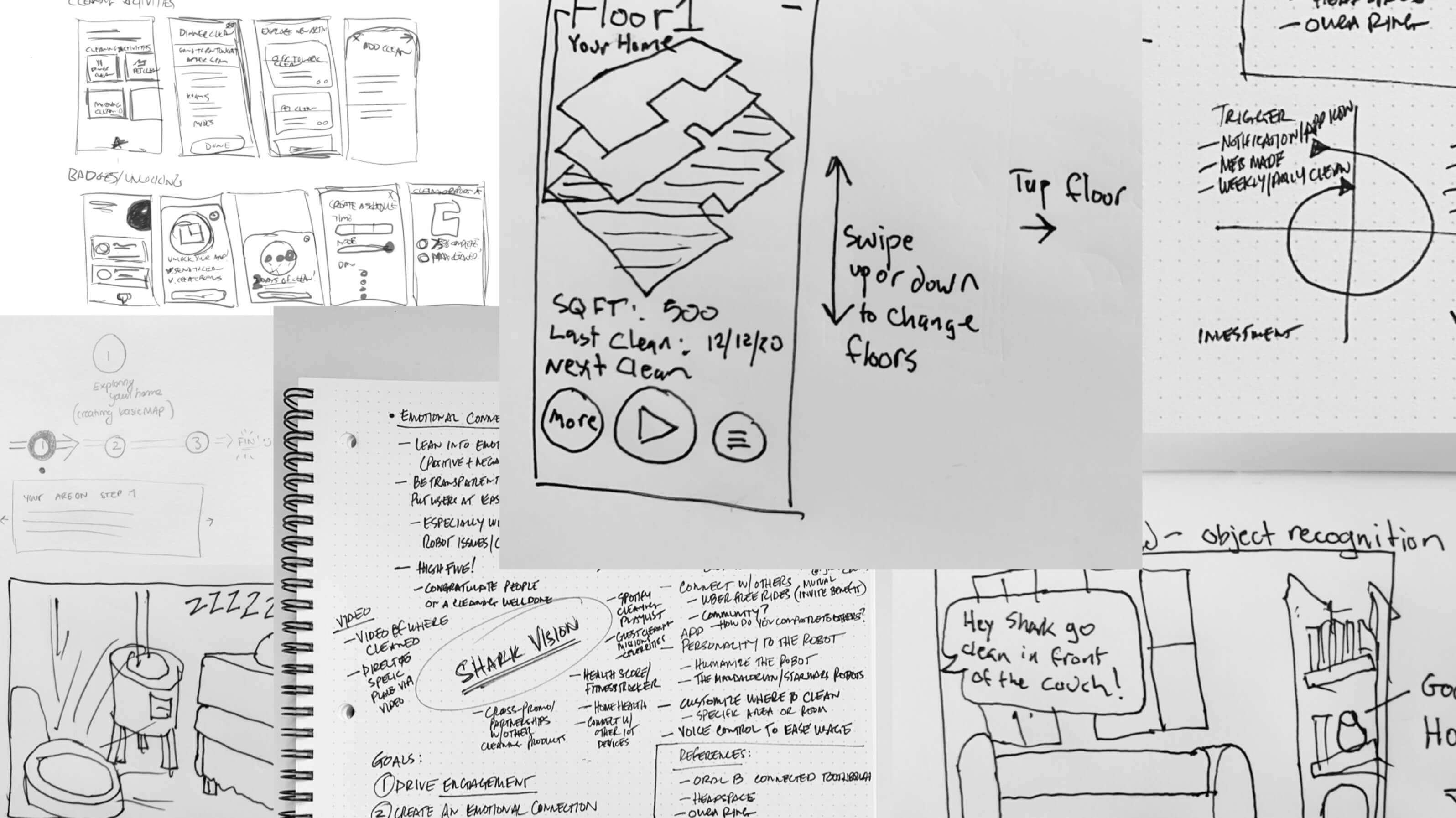 Collage of sketches and low fidelity wireframes describing 3D mapping and strategic cleaning concepts