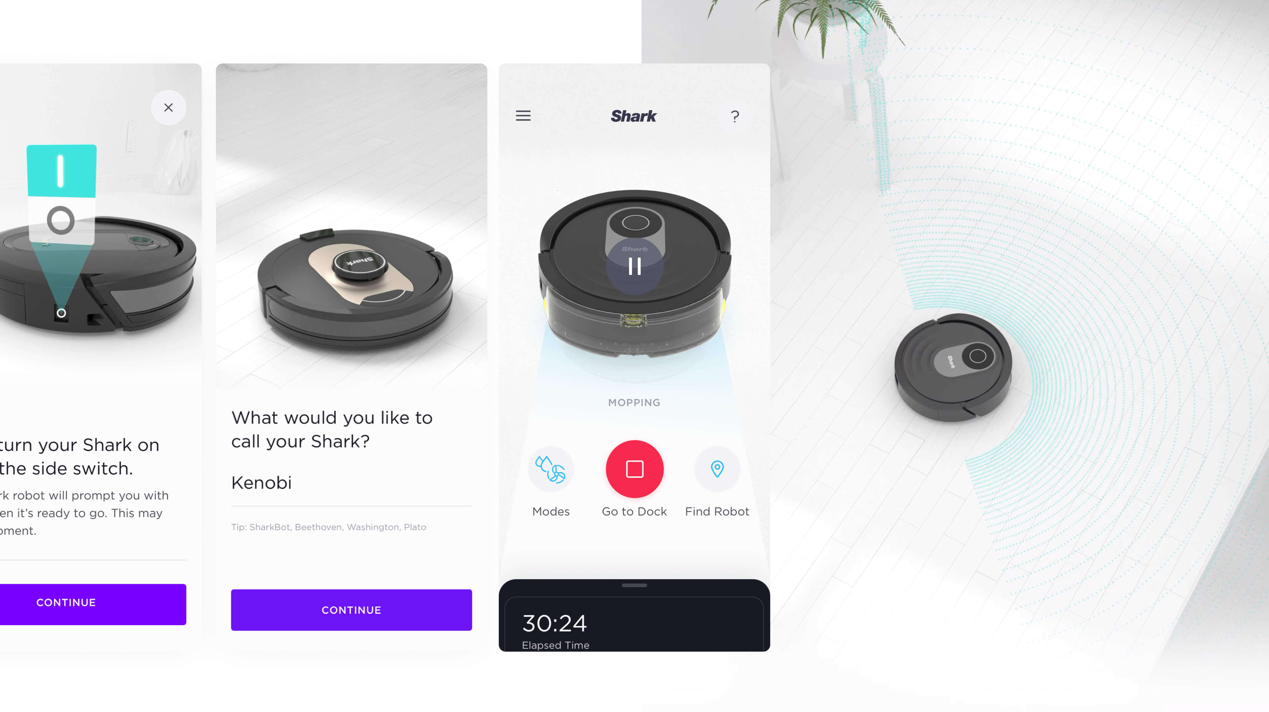 Three Shark mobile app screens displaying parts of the onboarding process next to a 3D rendering of a vacuum robot exploring a room