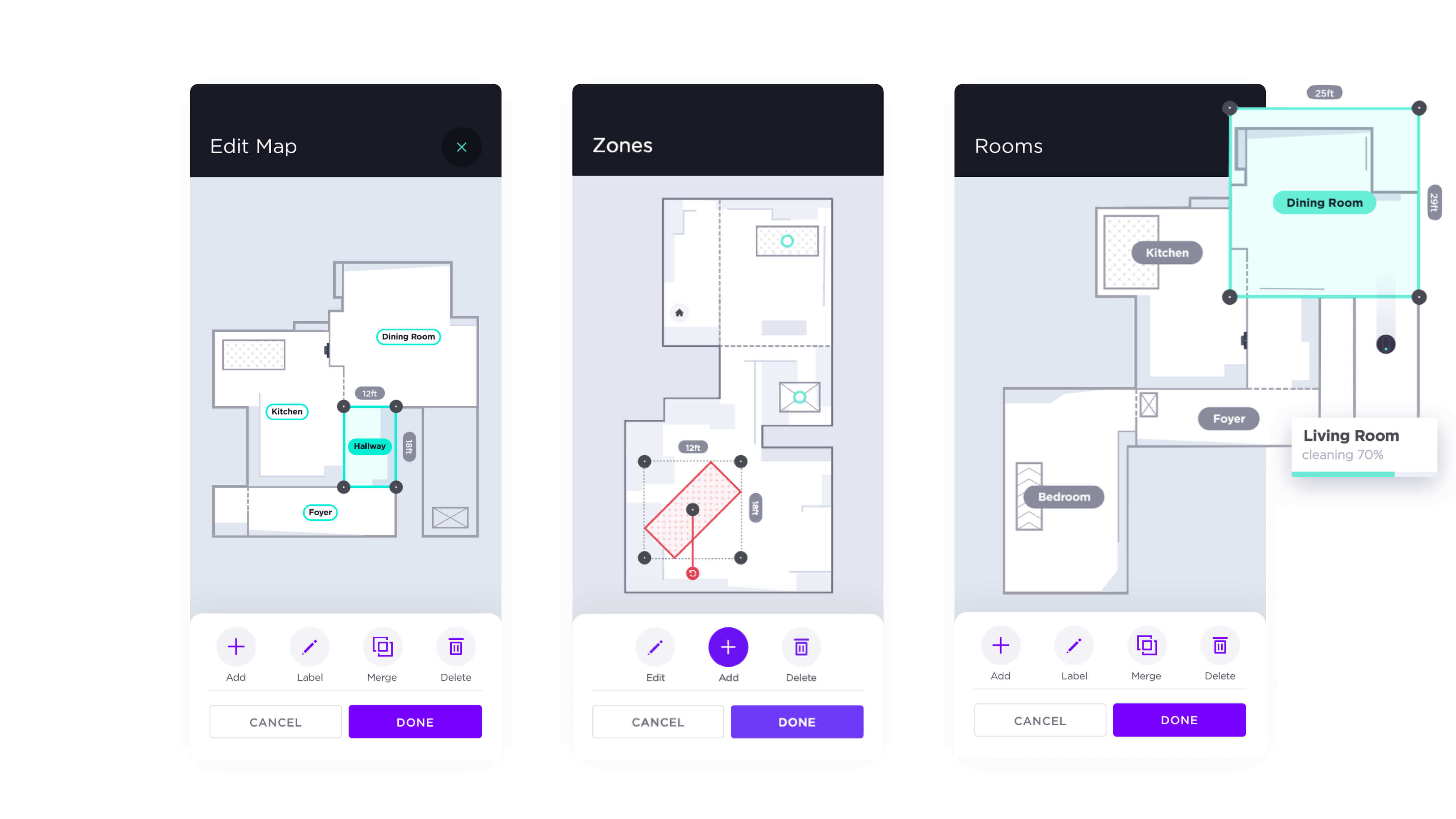 Shark mobile app screens displaying the home map creation process and customization by adding rooms, zones, and labels