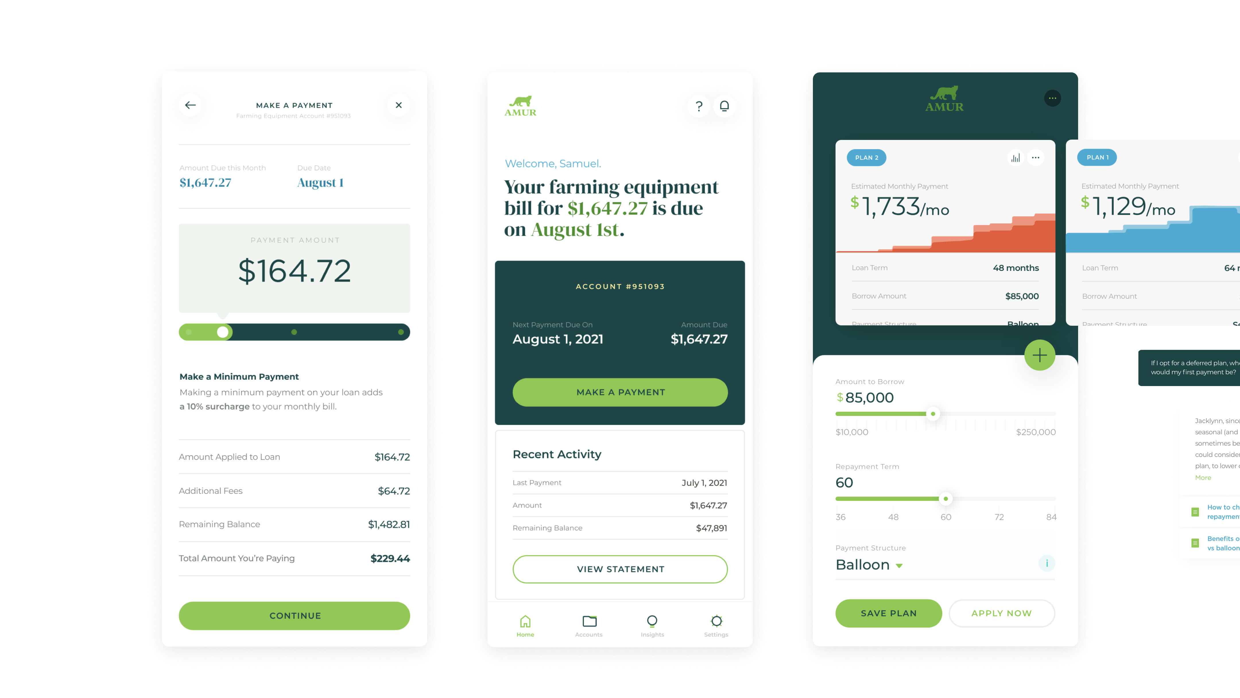 3 mobile screens from the Amur financing application. On the left, the Make a Payment screen. In the center, the homepage featuring details of the next payment. On the right, financing quote tool with cards of financing options flowing off of the screenshot.