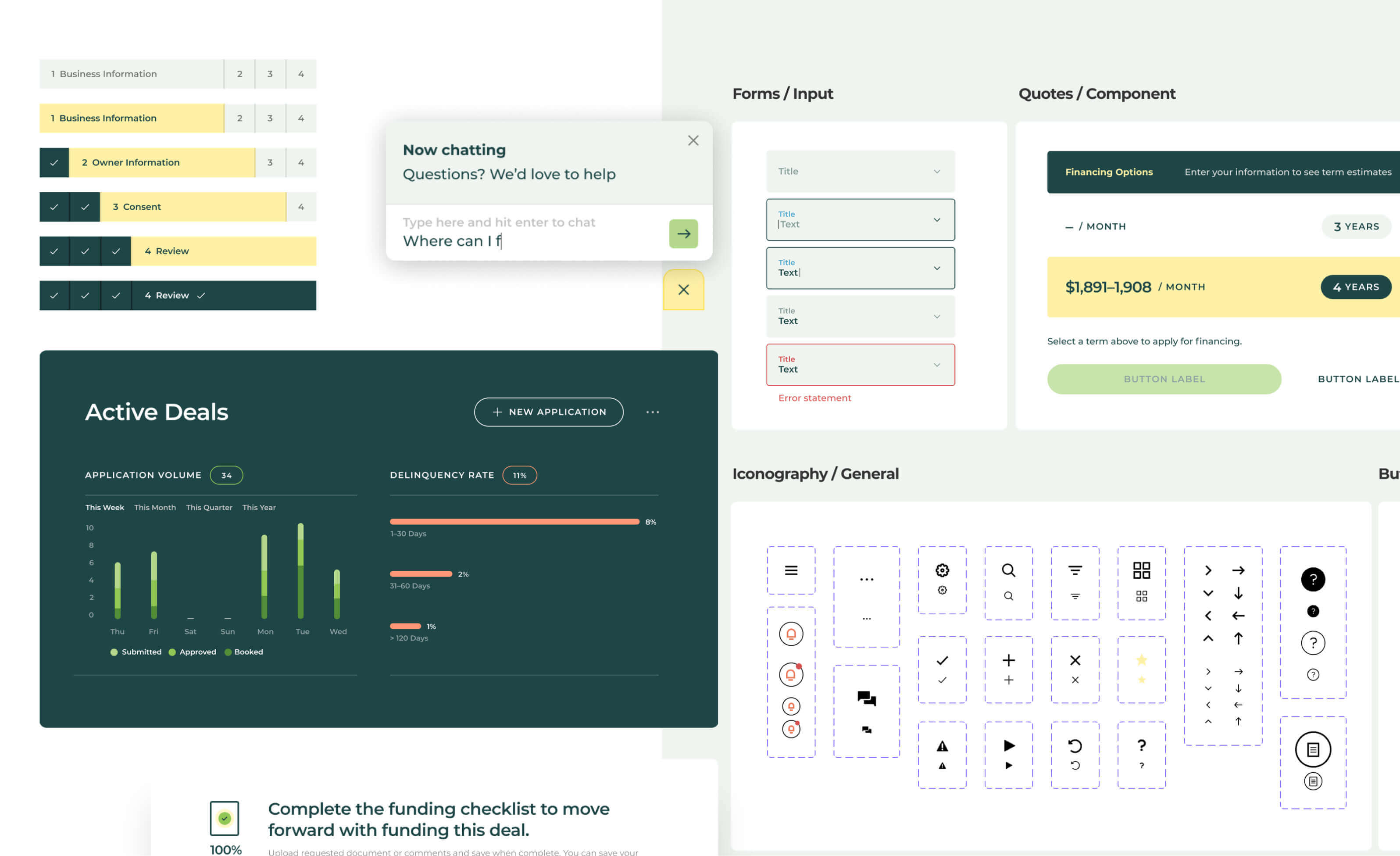 Collage of artifacts from the Amur design system. On the left a selection of components; mobile progress indication, two types of bar charts, a chat box. On the right, styles of input fields, and iconography examples.
