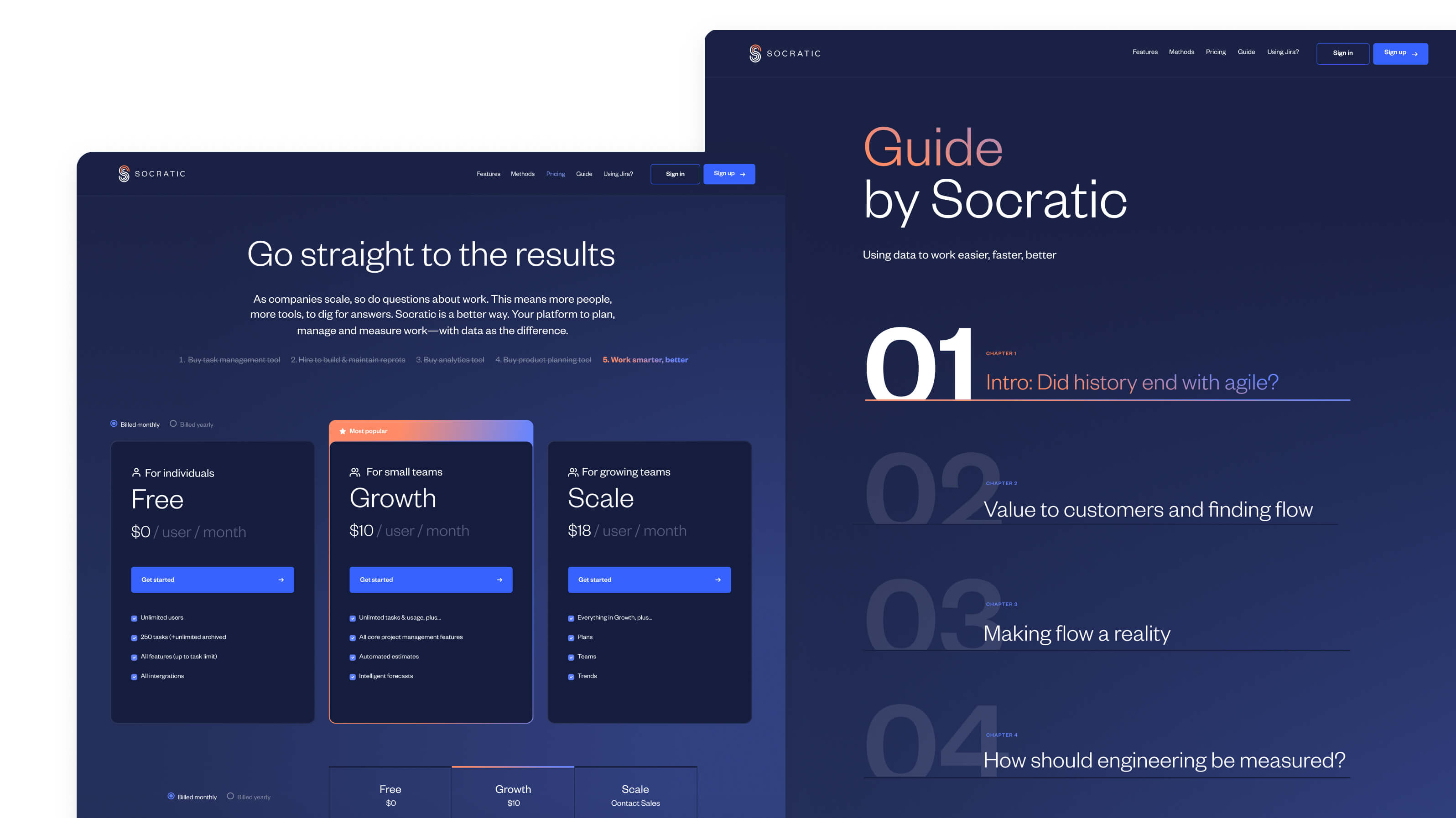 The Socratic marketing website featuring the pricing page and guides page.
