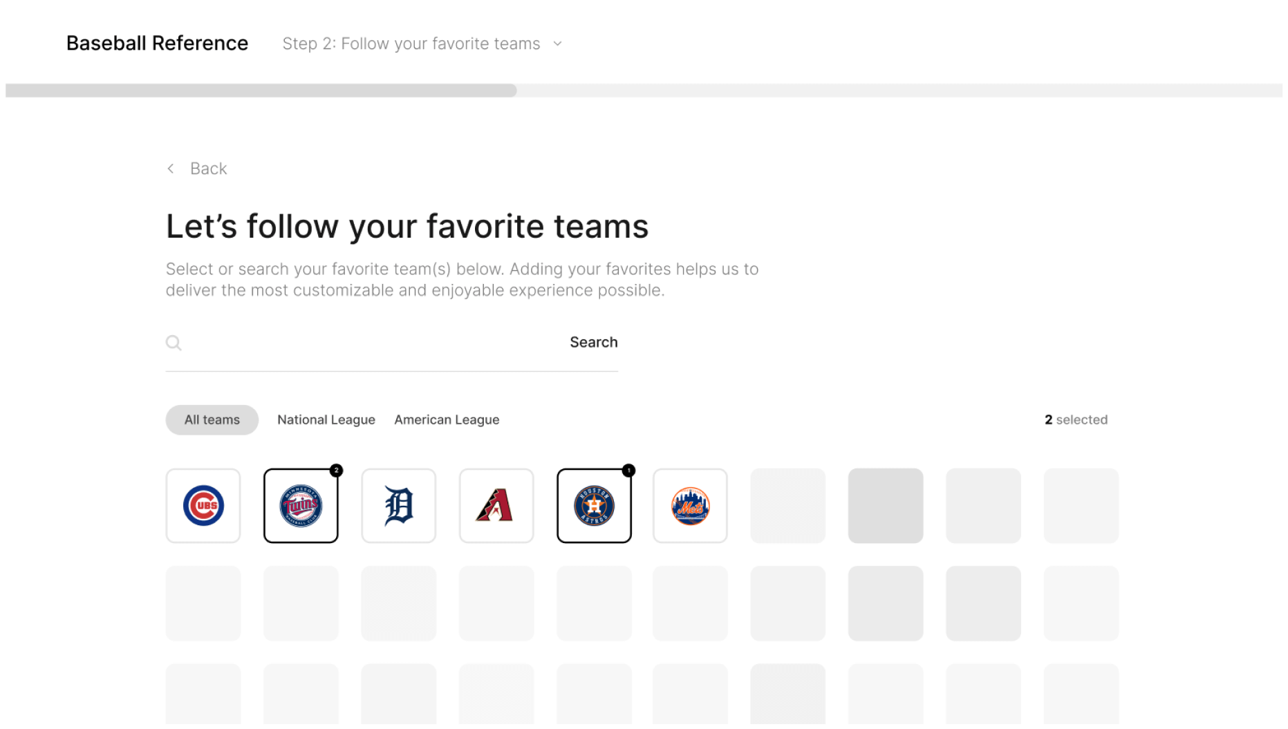 Low-fidelity onboarding concept that allows users to select their favorite players and recieve custom information based on their selections.