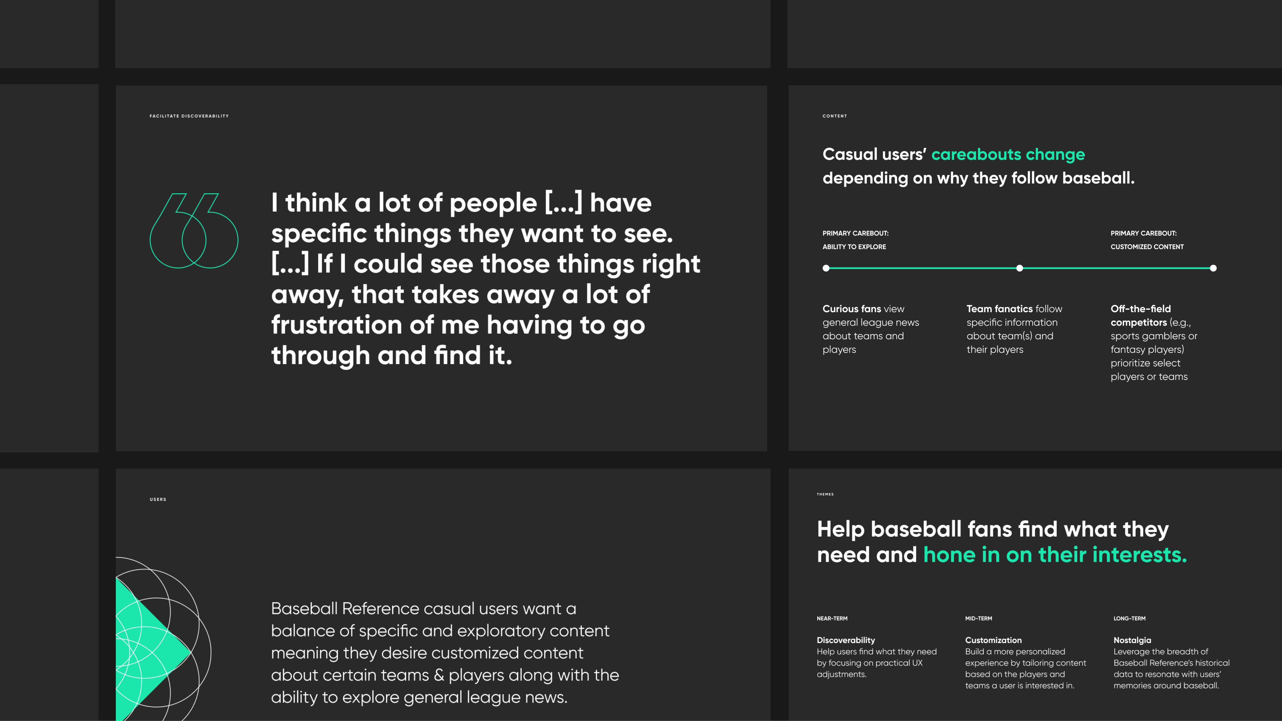 Grid of presentation slides that detail high-level takeways from user research, including notes on different Baseball Refernence user types and verbatim quotes from user interviews.